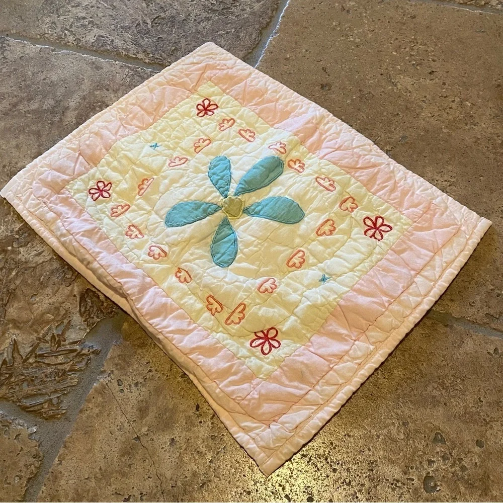 POTTERY BARN KIDS Pink Floral Embroidered Quilted Pillow Cover 12”x16”